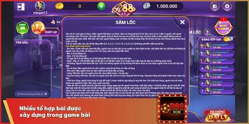 Nhiều tổ hợp bài được xây dựng trong game bài